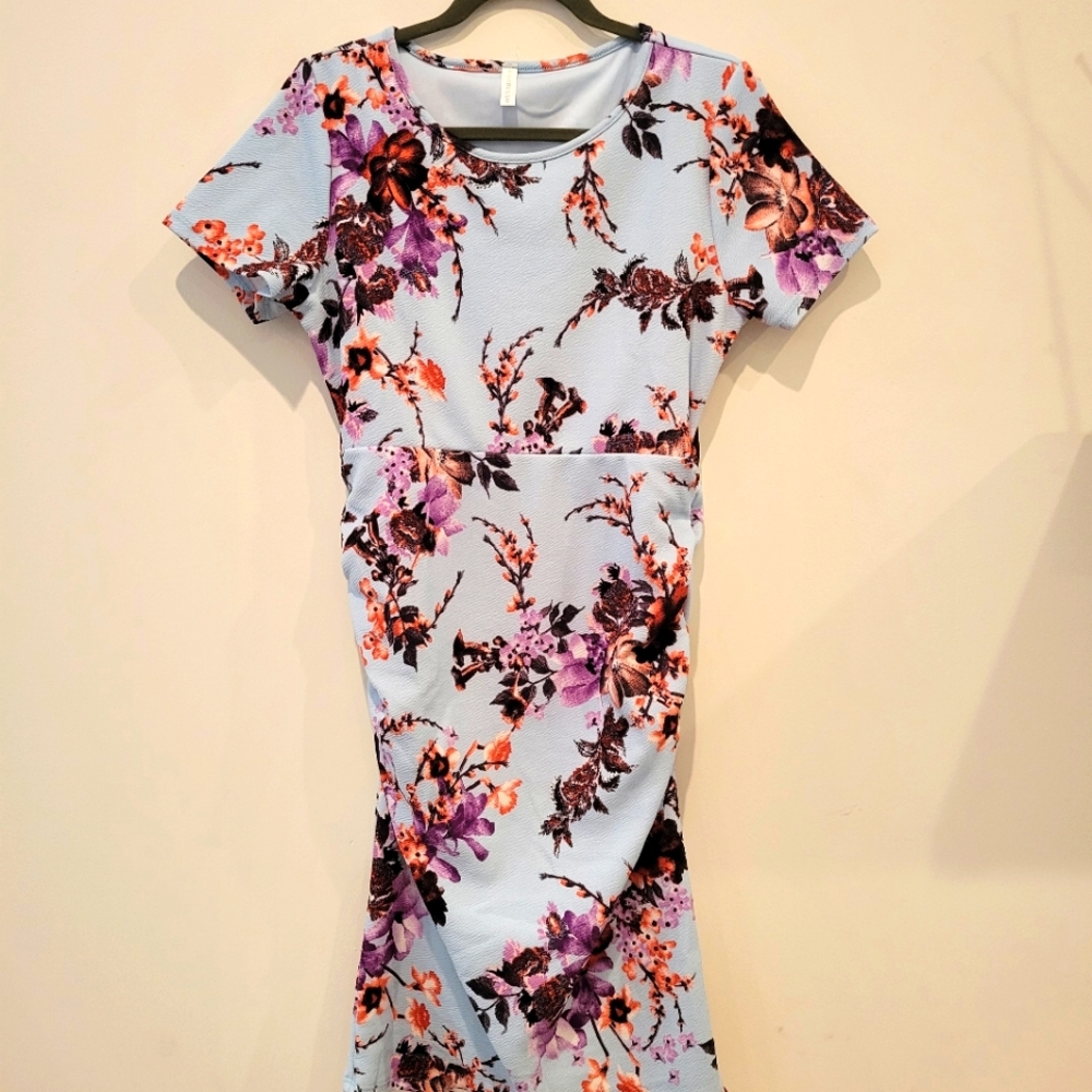PinkBlush Blue Floral Fitted Maternity Dress Large